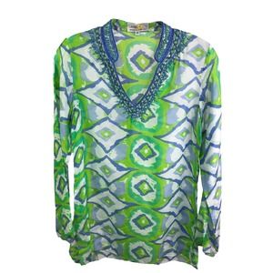 Bella‎ Tu Women's Rhinestones Beaded Tunic Top Green Blue Floral Print V-Neck XS